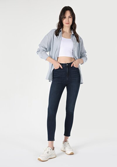 صورة من ضيق ارتفاع الخصر ساق ضيقة نسائي غامق نيلي جينز