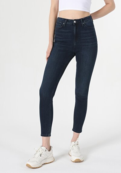 صورة من ضيق ارتفاع الخصر ساق ضيقة نسائي غامق نيلي جينز