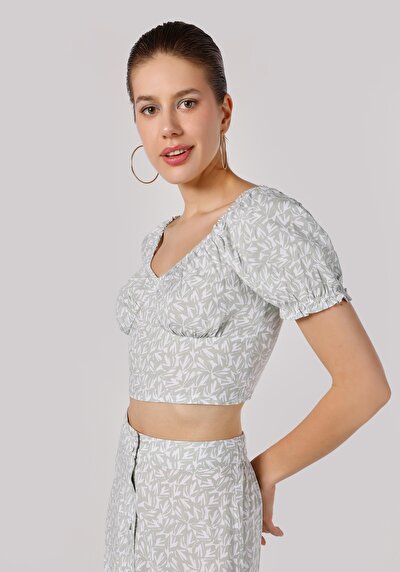 اعرض التفاصيل لـ نحيف قصة على شكل V رقبة أزهار نسائي أخضر كم قصير قميص