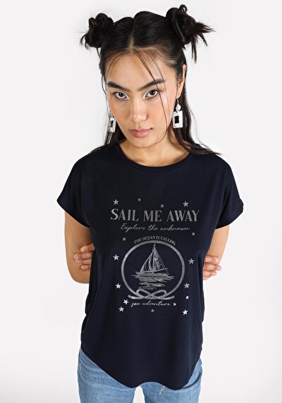 اعرض التفاصيل لـ عادي رقبة مستديرة نسائي أزرق كحلي كم قصير تي شيرت