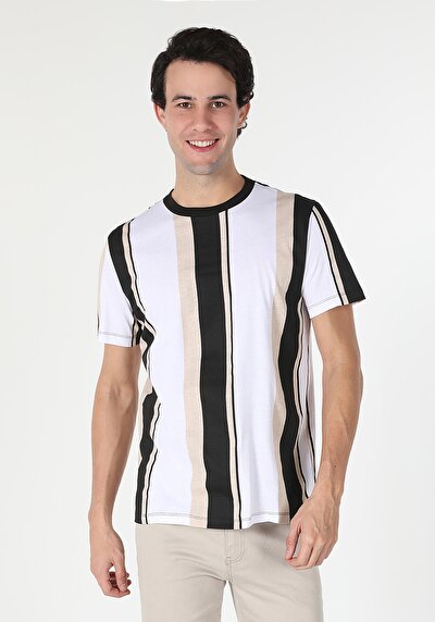 صورة من رقبة مستديرة مخطط للرجال أبيض بأكمام قصيرة تي شيرت