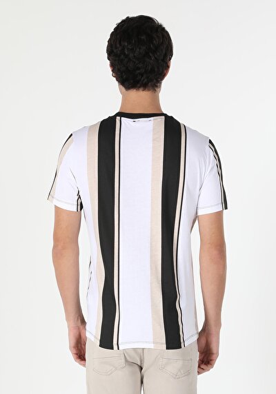 اعرض التفاصيل لـ   رقبة مستديرة مخطط للرجال أبيض بأكمام قصيرة تي شيرت