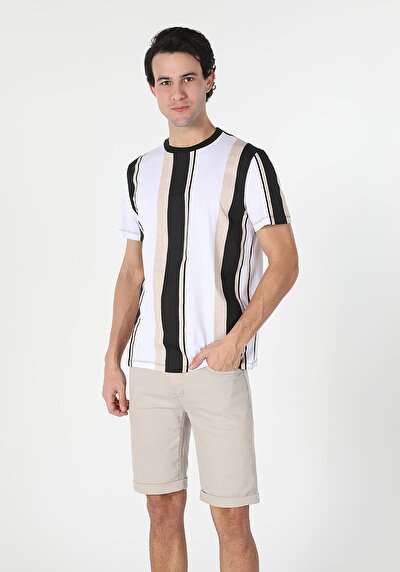 اعرض التفاصيل لـ   رقبة مستديرة مخطط للرجال أبيض بأكمام قصيرة تي شيرت