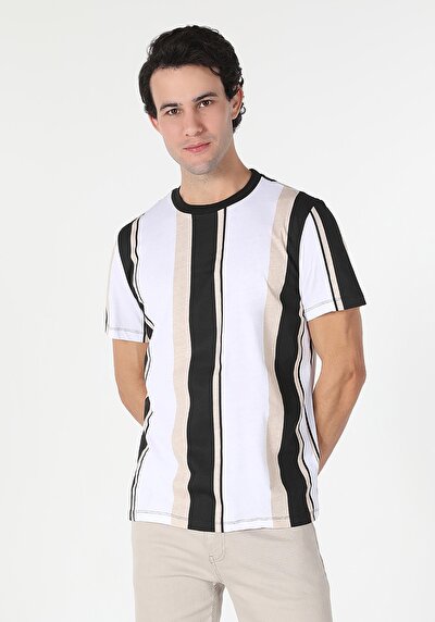 اعرض التفاصيل لـ   رقبة مستديرة مخطط للرجال أبيض بأكمام قصيرة تي شيرت