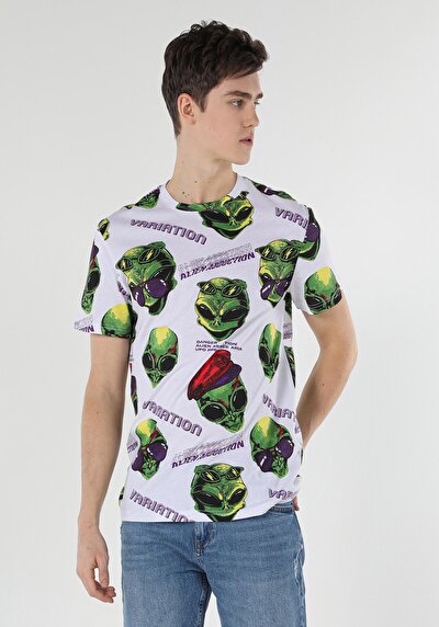 اعرض التفاصيل لـ كومفورت فيت رقبة مستديرة مطبوعة للرجال أبيض بأكمام قصيرة تي شيرت