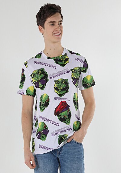 اعرض التفاصيل لـ كومفورت فيت رقبة مستديرة مطبوعة للرجال أبيض بأكمام قصيرة تي شيرت