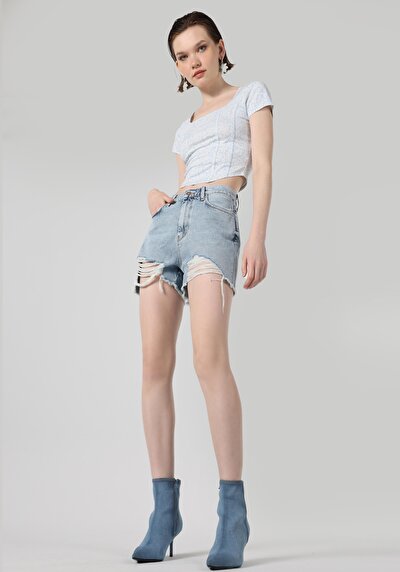 صورة من أمي قصيرة الارتفاع الخصر نسائي نيلي جان شورت