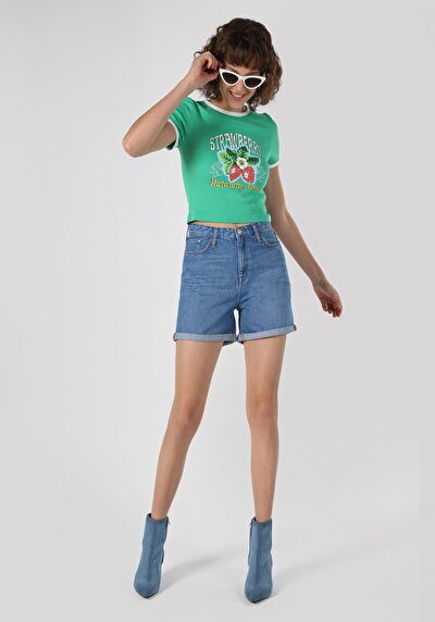 صورة من أمي قصيرة الارتفاع الخصر نسائي نيلي جان شورت