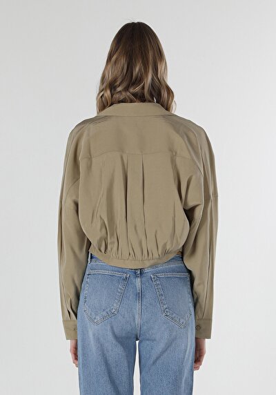 صورة من قميص عادي رقبة نسائي أخضر كم طويل قميص