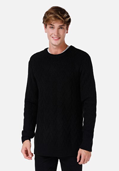 صورة من   رقبة مستديرة جاكار كنزة رجالية سوداء