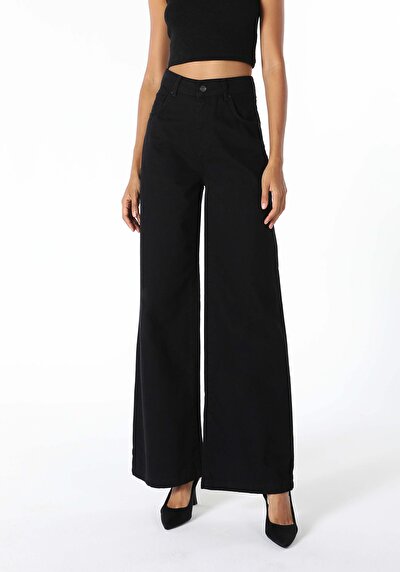 اعرض التفاصيل لـ   خصر عالي ساق واسعة نسائي بنطلون أسود