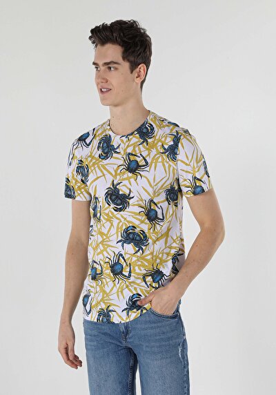 صورة من   رقبة مستديرة مطبوعة للرجال أبيض بأكمام قصيرة تي شيرت