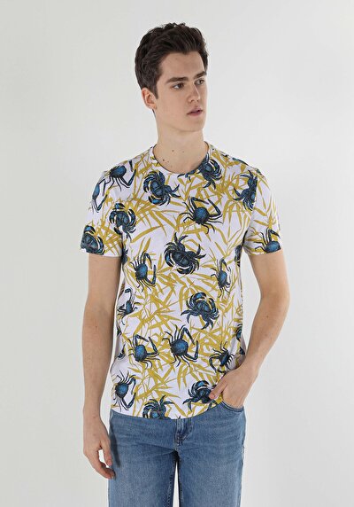 اعرض التفاصيل لـ   رقبة مستديرة مطبوعة للرجال أبيض بأكمام قصيرة تي شيرت