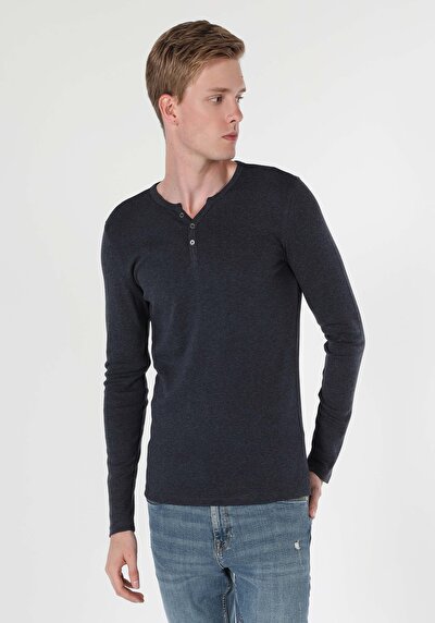 صورة من ضيق قصة رقبة مستقيمة رجالي أزرق كحلي كم طويل تي شيرت