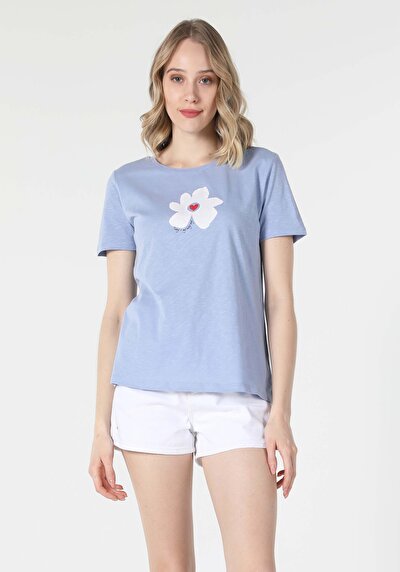 اعرض التفاصيل لـ أزرق للنساء تي شيرت بأكمام قصيرة