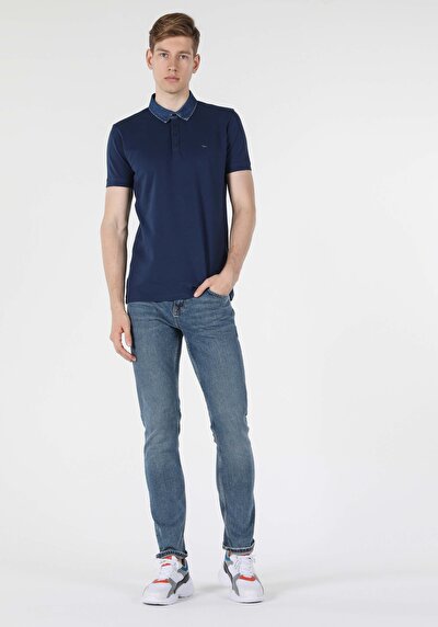 صورة من نحيف  ياقة بولو مستقيم رجالي أزرق كحلي كم قصير تي شيرت