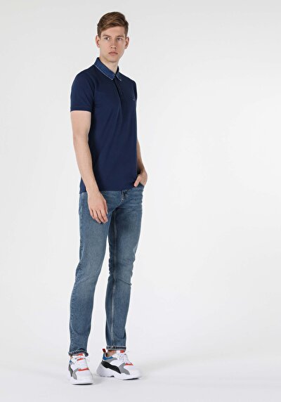 صورة من نحيف ياقة بولو مستقيم رجالي أزرق كحلي كم قصير تي شيرت