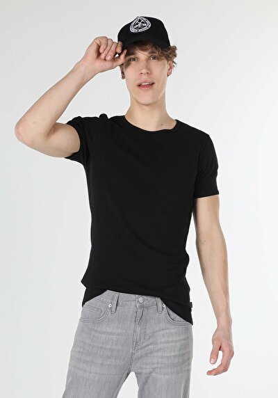 اعرض التفاصيل لـ ضيق قصة رقبة مستديرة مستقيم رجالي أسود كم قصير تي شيرت