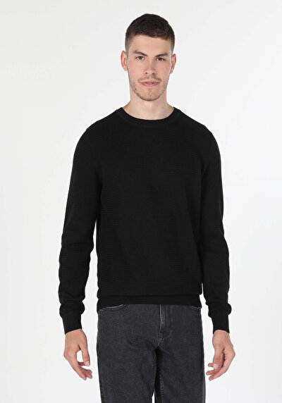 صورة من   رقبة مستديرة جاكار كنزة رجالية سوداء