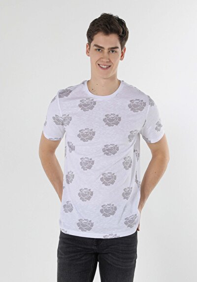 صورة من رقبة مستديرة مطبوعة للرجال أبيض بأكمام قصيرة تي شيرت