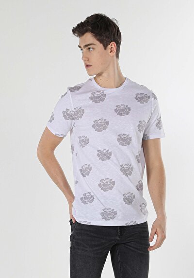 اعرض التفاصيل لـ   رقبة مستديرة مطبوعة للرجال أبيض بأكمام قصيرة تي شيرت