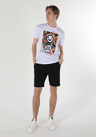 صورة من عادي قصة رقبة مستديرة رجالي أبيض كم قصير تي شيرت