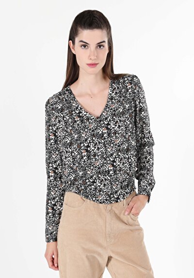 صورة من   على شكل V رقبة مطبوعة نسائية أزرق كحلي كم طويل قميص