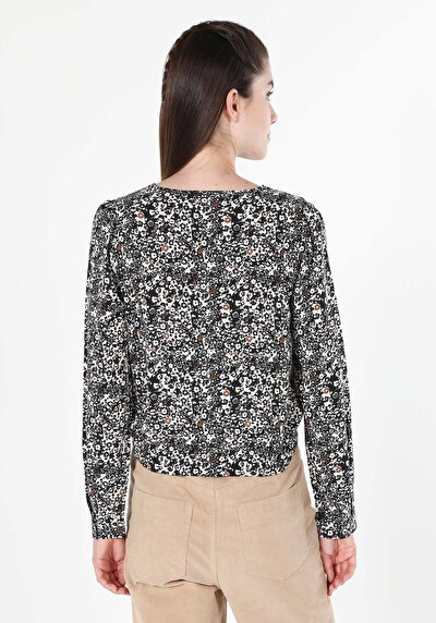 اعرض التفاصيل لـ   على شكل V رقبة مطبوعة نسائية أزرق كحلي كم طويل قميص