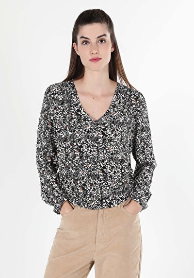 اعرض التفاصيل لـ   على شكل V رقبة مطبوعة نسائية أزرق كحلي كم طويل قميص