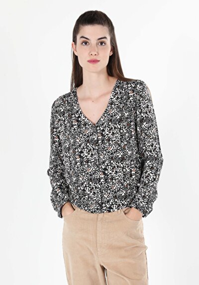 اعرض التفاصيل لـ   على شكل V رقبة مطبوعة نسائية أزرق كحلي كم طويل قميص