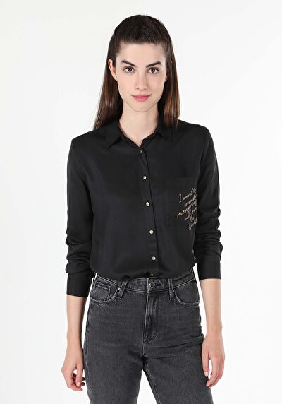 اعرض التفاصيل لـ أسود للنساء قميص  كم طويل