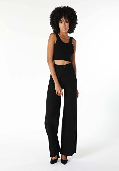 صورة من خصر عالي ساق واسعة نسائي بنطلون أسود