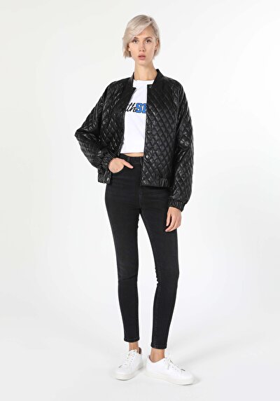 صورة من العادية تناسب طوق المهيمن المفاجئة معطف أسود نسائي بو