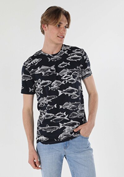 اعرض التفاصيل لـ أزرق بحري للرجال تي شيرت بأكمام قصيرة