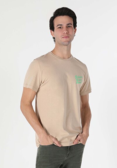 صورة من   رقبة مستديرة مطبوعة رجالي بيج كم قصير تي شيرت