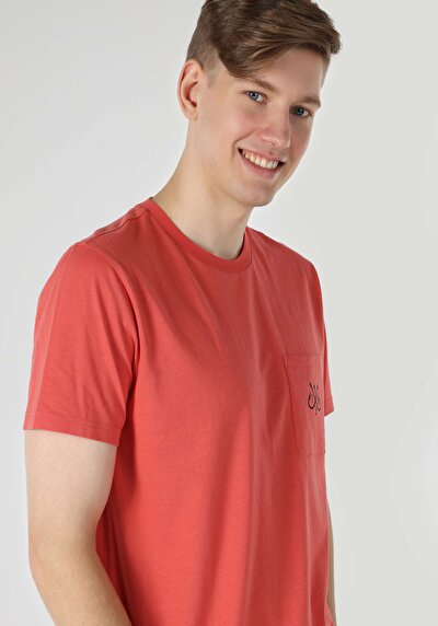 صورة من   رقبة مستديرة مستقيم رجالي أحمر كم قصير تي شيرت