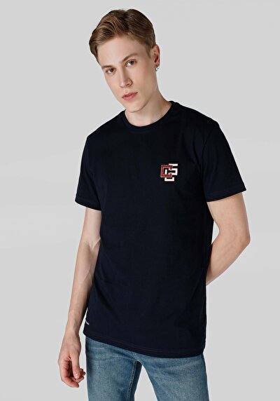 صورة من كومفورت فيت رقبة مستديرة رجالي أزرق كحلي كم قصير تي شيرت