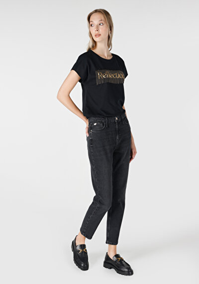 اعرض التفاصيل لـ أمي  ارتفاع الخصر تقلص الساق الجينز النيلي للنساء