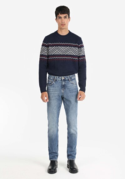 صورة من مستقيم  خصر منخفض مستقيم الساق الجينز النيلي للرجال