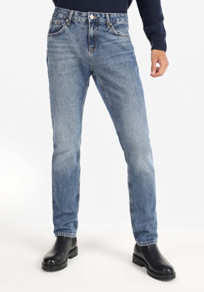 اعرض التفاصيل لـ مستقيم  خصر منخفض مستقيم الساق الجينز النيلي للرجال