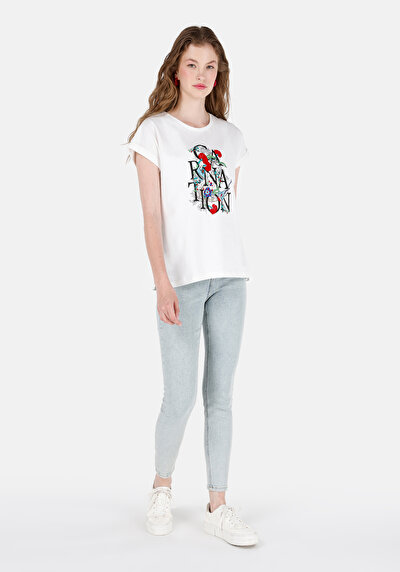 اعرض التفاصيل لـ   رقبة مستديرة مطبوعة نسائية أبيض قصيرة أكمام تي شيرت