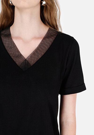 اعرض التفاصيل لـ   على شكل V رقبة مستقيم نسائي أسود كم قصير تي شيرت