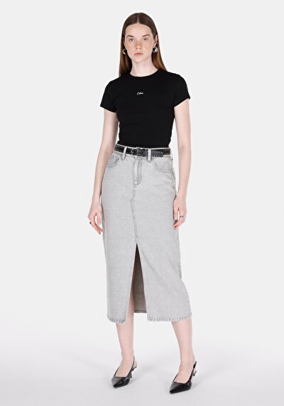 صورة من ضيق  مستقيم سحاب نسائي تنورة رمادية