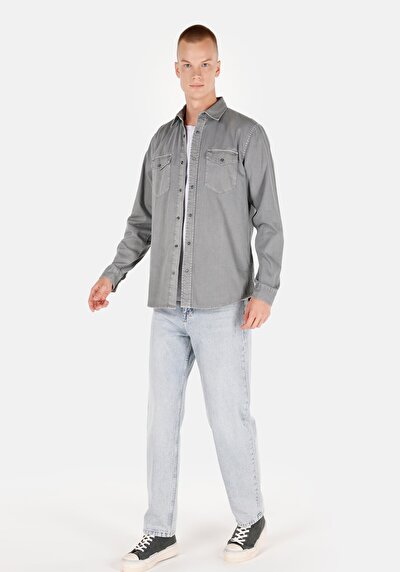 اعرض التفاصيل لـ ياقة كلاسيكية عادية مستقيمة رجالي رمادي كم طويل قميص