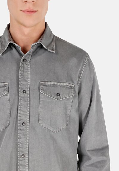 اعرض التفاصيل لـ ياقة كلاسيكية عادية مستقيمة رجالي رمادي كم طويل قميص