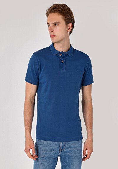 صورة من ضيق ياقة بولو مستقيم رجالي أزرق كم قصير تي شيرت