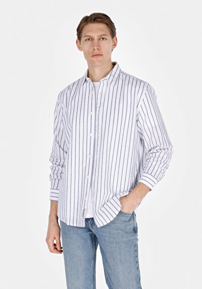 صورة من قميص عادي رقبة مخطط رجالي مزيج الكتان أزرق كحلي كم طويل قميص