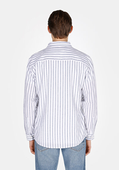 صورة من قميص عادي رقبة مخطط رجالي مزيج الكتان أزرق كحلي كم طويل قميص