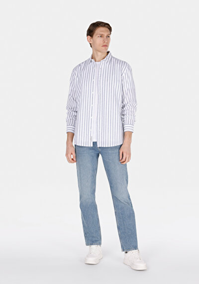 صورة من قميص عادي رقبة مخطط رجالي مزيج الكتان أزرق كحلي كم طويل قميص