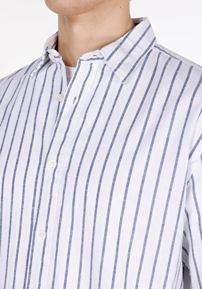 صورة من قميص عادي رقبة مخطط رجالي مزيج الكتان أزرق كحلي كم طويل قميص